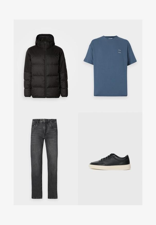 Black puffer jacket features a zip closure, a hood, quilted sections, and elastic cuffs, made from a smooth, water-resistant material.; Blue cotton t-shirt with a classic crew neck, short sleeves, relaxed fit, and two small printed logos on the chest. Smooth texture.; Dark gray straight-leg jeans made of denim, featuring five pockets, a belt loop waistband, and subtle fading. Stitched accents visible.; Black low-top leather sneaker with black laces and off-white sole shown in side profile on white background.