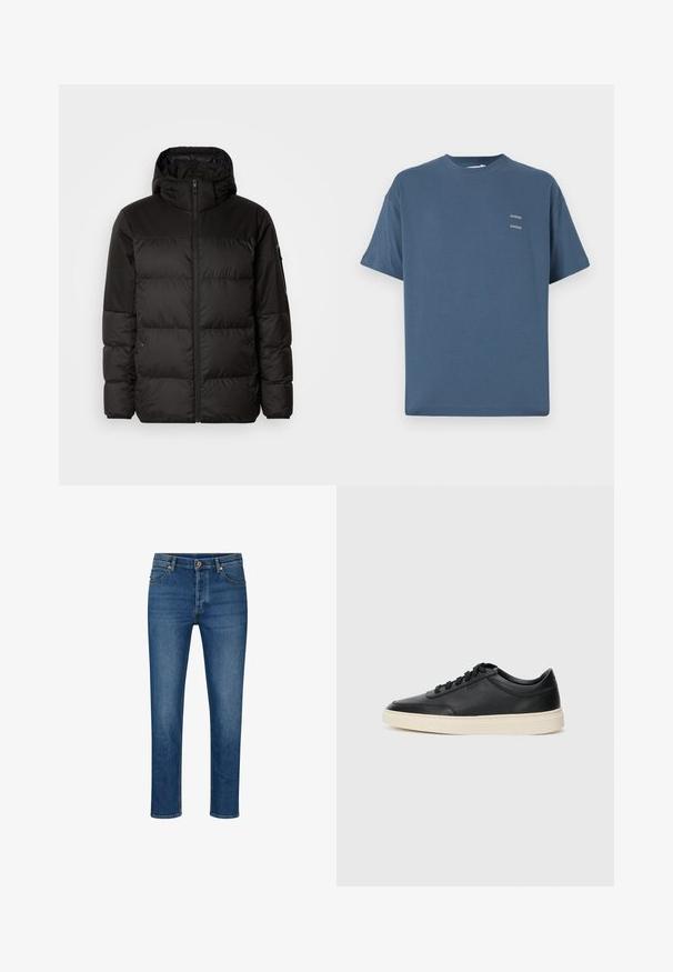 Melna pūkainā jakā iezīmes ir rāvējslēdzēja aizdare, kapuce, kvadrātveida šuves un elastīgas aproces, izgatavota no gludas, ūdensizturīgas vielas.; Zilas kokvilnas T-krekls ar klasisku apaļu kaklu, īsām piedurknēm, brīvu piegriezumu un diviem maziem apdrukātiem logo uz krūtīm. Gluda tekstūra.; Zila džinsa bikses ar taisnu piegriezumu, ar piecām kabatām, jostas cilpiņām un pogu aizdari. Gaismas izbalinājums un kontrastējošs diegs.; Melnas zemas ādas sporta kurpes ar melnām auklām un off-white zoli, rādītas no sānu profila uz baltā fona.