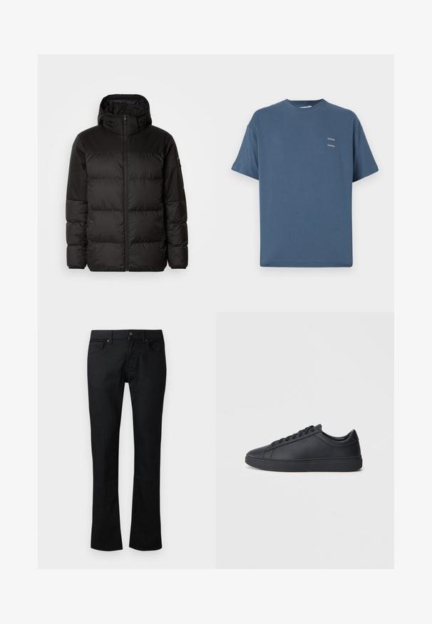 Melna pūkainā jakā iezīmes ir rāvējslēdzēja aizdare, kapuce, kvadrātveida šuves un elastīgas aproces, izgatavota no gludas, ūdensizturīgas vielas.; Zilas kokvilnas T-krekls ar klasisku apaļu kaklu, īsām piedurknēm, brīvu piegriezumu un diviem maziem apdrukātiem logo uz krūtīm. Gluda tekstūra.; Melni taisni džinsi ar priekšējiem un monētu kabatām, jostu cilpiņām, kā arī pogu un rāvējslēdzēju aizdari.; Melnas kedas no gludas ādas ar zemu adatu dizainu, apaļu purngalu un plakanu gumijas zoli. Satur auklas un diskrētu zīmolu.