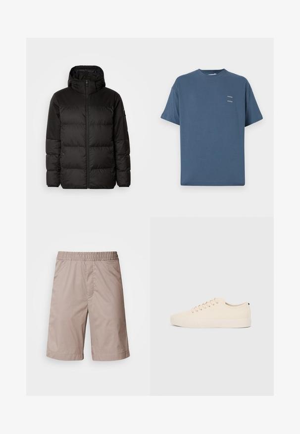 Black puffer jacket features a zip closure, a hood, quilted sections, and elastic cuffs, made from a smooth, water-resistant material.; Blue cotton t-shirt with a classic crew neck, short sleeves, relaxed fit, and two small printed logos on the chest. Smooth texture.; Beige shorts with an elastic waistband, smooth texture, knee-length cut, and no visible patterns or hardware details.; Beige canvas sneakers with round toe, flat rubber sole, and lace-up front. Features minimal design and a contrasting black accent at the heel.