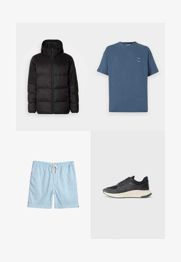 A fekete steppelt dzseki cipzáros záródással, kapucnival, steppelt részekkel és rugalmas mandzsettákkal rendelkezik, sima, vízálló anyagból készült.; Kék pamut póló klasszikus kerek nyakkal, rövid ujjakkal, laza szabással és két kis nyomtatott logóval a mellkasán. Simább textúra.; Világoskék fürdőnadrág puha anyagból, rugalmas derékkal, elülső zsebekkel és húzózsinórral a méret állításához.; Fekete sportcipő, amely hálós felső résszel és perforációkkal rendelkezik, krém színű, texturált középtalppal és gumitalppal a tapadás érdekében.