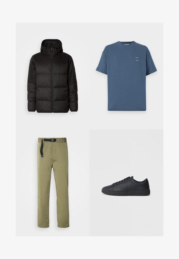 La doudoune noire est dotée d'une fermeture éclair, d'une capuche, de sections matelassées et de poignets élastiques, fabriquée à partir d'un matériau lisse et résistant à l'eau.; T-shirt en coton bleu avec col rond classique, manches courtes, coupe décontractée et deux petits logos imprimés sur la poitrine. Texture lisse.; Pantalons légers de couleur vert olive avec une ceinture noire ajustable, coupe droite et détails de couture subtils. Convient pour les activités de plein air.; Baskets noires en cuir lisse avec un design bas, bout rond et semelle en caoutchouc plate. Elles sont dotées de lacets et d'un branding subtil.