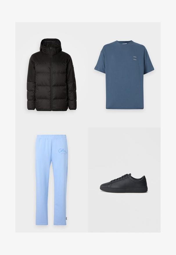 Černá péřová bunda má zipový uzávěr, kapuci, prošívané části a elastické manžety, vyrobená z hladkého, voděodolného materiálu.; Modrá bavlněná tričko s klasickým kulatým výstřihem, krátkými rukávy, volným střihem a dvěma malými potisky na hrudi. Hladká textura.; Světle modré bavlněné tepláky s elastickým pasem. Mají vyšitý logo "Colucci" na levé straně a rovný střih nohavic.; Černé tenisky z hladké kůže s nízkým designem, kulatou špičkou a plochou gumovou podrážkou. Mají šněrování a nenápadné branding.