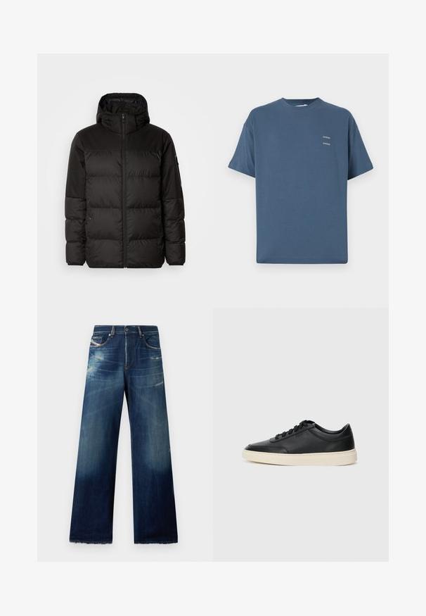 Black puffer jacket features a zip closure, a hood, quilted sections, and elastic cuffs, made from a smooth, water-resistant material.; Blue cotton t-shirt with a classic crew neck, short sleeves, relaxed fit, and two small printed logos on the chest. Smooth texture.; Wide-leg denim jeans in dark blue with faded areas, distressed detailing, and frayed hems. Four pockets and a button closure.; Black low-top leather sneaker with black laces and off-white sole shown in side profile on white background.