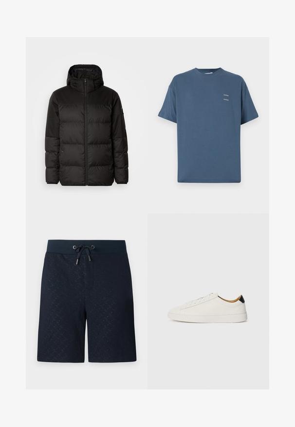 Juodas pūkinis švarkas turi užtrauktuką, gobtuvą, siūlinčius skyrius ir elastinius rankogalius, pagamintas iš lygaus, vandeniui atsparaus medžiagos.; Mėlynas medvilninis marškinėliai su klasikinėmis apvalia kaklo iškirpte, trumpomis rankovėmis, laisvu siluetu ir dviem mažais atspausdintais logotipais ant krūtinės. Lygi tekstūra.; Tamsiai mėlyni šortai su tekstūruotu raštu, elastinga juosta ir raišteliu. Yra šoninės kišenės ir laisvas kirpimas, užtikrinantis komfortą.; Balti sportbačiai su lygia oda, apvalia pirštine ir plokščiu padu. Juodas akcentas prie kulno, su toniniais raišteliais ir minimaliais prekių ženklais.
