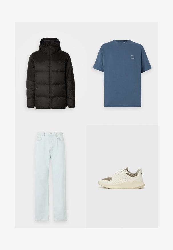 Geacă puffer neagră cu închidere cu fermoar, glugă, secțiuni quilted și manșete elastice, realizată dintr-un material neted, rezistent la apă.; Tricou din bumbac albastru cu guler clasic de tip crew, mâneci scurte, croială lejeră și două mici logo-uri imprimate pe piept. Textură netedă.; Jeans drepti, de culoare albastru deschis, din denim, cu închidere prin buton, ușor decolorate și design cu cinci buzunare.; Tenis sportivi alb și bej deschis, cu un înveliș din plasă, detalii perforate și o talpă intermediară texturată, având marcaj pe călcâi.