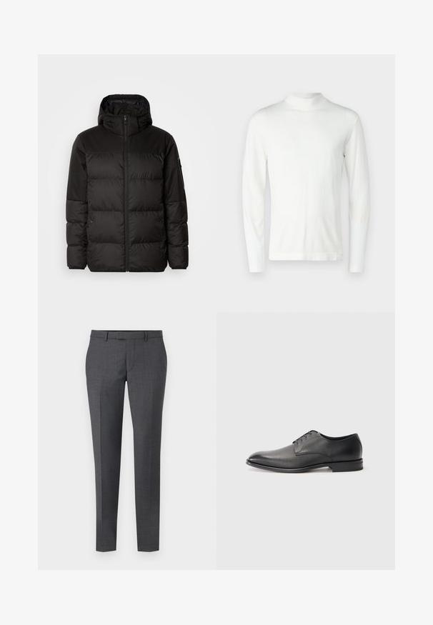 Geacă puffer neagră cu închidere cu fermoar, glugă, secțiuni quilted și manșete elastice, realizată dintr-un material neted, rezistent la apă.; Cămașă albă cu guler înalt, din material moale, cu mânecă lungă. Prezintă un design ajustat și umeri fără cusături, având o textură netedă.; Pantaloni gri, croiți, cu o textură netedă, tăietură dreaptă, față plată și băiere pentru curea. Au un model discret în carouri și pliu pe față.; Pantofii eleganți din piele neagră pentru bărbați, cu șireturi, călcâi mic și un finisaj neted, ușor texturat pe un fundal alb simplu.