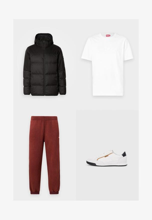 Schwarze Pufferjacke mit Reißverschluss, Kapuze, gesteppten Abschnitten und elastischen Bündchen, hergestellt aus einem glatten, wasserabweisenden Material.; Weißes T-Shirt mit kurzen Ärmeln und Rundhalsausschnitt, mit einem erhabenen ovalen Logo auf der Brust und einem roten Diesel-Markenetikett am Krageninneren.; Rustfarbene Fleece-Sweatpants mit elastischem Bund und Knöchelabschlüssen, vor einem weißen Hintergrund präsentiert.; Weiße Sportschuhe mit Mesh- und Lederelementen. Ausgestattet mit einem goldenen "BOSS"-Logo, strukturierten Seitenpaneelen und einer schwarzen Fersenkappe. Gummisohle.