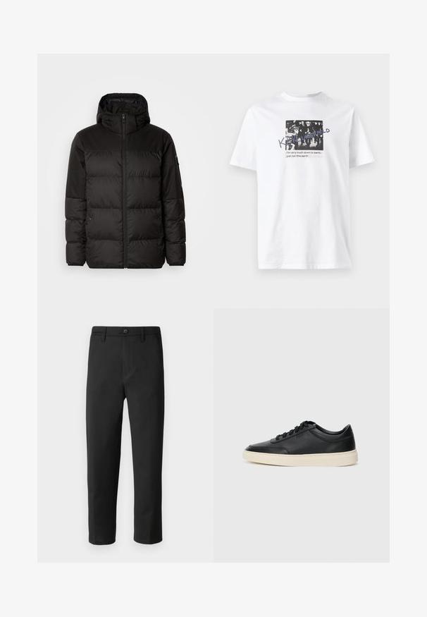 Černá péřová bunda má zipový uzávěr, kapuci, prošívané části a elastické manžety, vyrobená z hladkého, voděodolného materiálu.; Bílý bavlněný tričko s černobílým grafickým designem a textem. Krátké rukávy a kulatý výstřih.; Černé kalhoty rovného střihu, vyrobené z hladkého materiálu. Mají zapínání na knoflík a poutka na opasek. Bez viditelných vzorů nebo akcentů.; Černé kožené nízké tenisky s černými tkaničkami a slonovinovou podešví, zobrazené v bočním profilu na bílém pozadí.