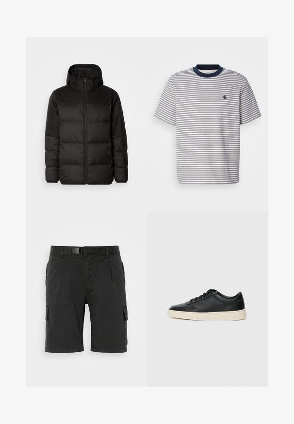 Black puffer jacket features a zip closure, a hood, quilted sections, and elastic cuffs, made from a smooth, water-resistant material.; Striped cotton T-shirt with navy-blue collar and cuffs, featuring horizontal blue and white stripes; small embroidered logo on the chest.; Black cargo shorts with a flat front, multiple side pockets, and a belt, made of durable fabric with a smooth texture.; Black low-top leather sneaker with black laces and off-white sole shown in side profile on white background.