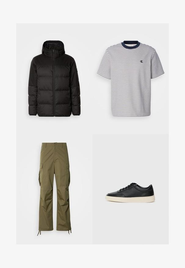 Geacă puffer neagră cu închidere cu fermoar, glugă, secțiuni quilted și manșete elastice, realizată dintr-un material neted, rezistent la apă.; Tricou din bumbac cu dungi, cu guler și manșete de culoare bleu-marin, având dungi orizontale albastre și albe; mic logo brodat pe piept.; Pantaloni cargo de un verde măslin, confecționați dintr-un material durabil, cu un design drept, buzunare laterale și șnururi reglabile la glezne.; Sneaker din piele neagră, cu vârf jos, cu șireturi negre și talpă de un alb murdar, prezentat în profil lateral, pe un fundal alb.