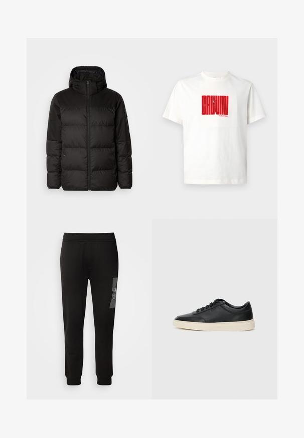 Black puffer jacket features a zip closure, a hood, quilted sections, and elastic cuffs, made from a smooth, water-resistant material.; White cotton t-shirt featuring a large red graphic print of "CALVIN KLEIN" on the front, with a crew neckline and short sleeves.; Calvin Klein HORIZONTAL LOGO SWEATPANTS - Tracksuit bottoms - black; Black low-top leather sneaker with black laces and off-white sole shown in side profile on white background.