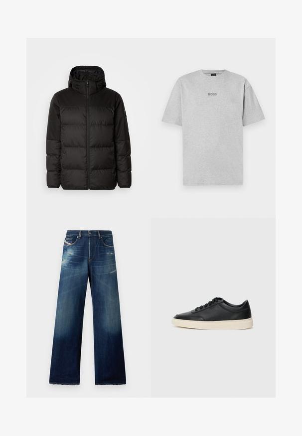 Musta puhvijakku sisältää vetoketjun, hupun, tilkuista koostuvia osioita ja joustavat hihansuut. Se on valmistettu sileästä, vedenpitävästä materiaalista.; Harmaa puuvillateeppari, lyhyet hihat, pyöreä kaula-aukko, jossa on pieni tummanharmaa brodeerattu "BOSS"-logo rinnan keskellä.; Laineet, tummansiniset farkut, joissa on vaalennettuja kohtia, kuluneita yksityiskohtia ja risaiset helmat. Neljä taskua ja nappikiinnitys.; Musta matalavartinen nahkastretchu, jossa on mustat nauhat ja vaaleanharmaa pohja, esitetty sivuprofiilissa valkoista taustaa vasten.