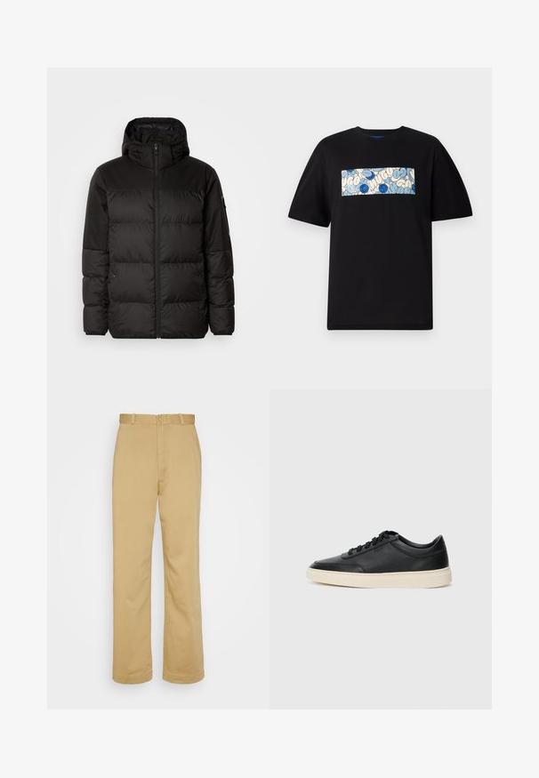 Juodas pūkinis švarkas turi užtrauktuką, gobtuvą, siūlinčius skyrius ir elastinius rankogalius, pagamintas iš lygaus, vandeniui atsparaus medžiagos.; Juodas medvilninis marškinėliai su stačiakampiu grafiniu piešiniu mėlyna ir kreminėmis spalvomis, papuoštas apvaliais raštais ir piešiniais, skirtas laisvam prigludimui.; Bežiniai tiesūs kelnių su diržo kilputėmis, priekyje mygtukas ir užtrauktukas, demonstruojami prieš baltą foną.; Juoda žema viršutinė odinė sportbačiai su juodais raišteliais ir kreminiu padu, pateikti šoniniame profilyje ant baltos fono.