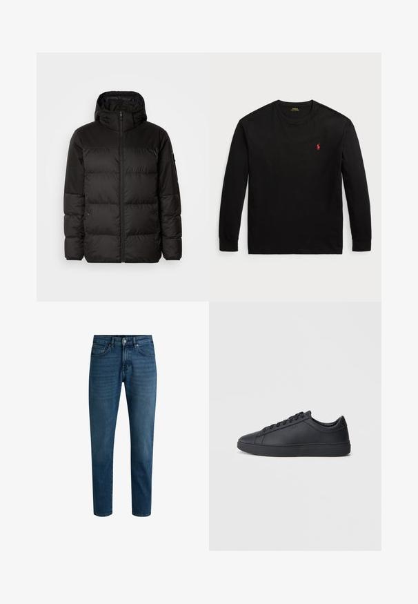 A jaqueta puffer preta apresenta um fecho zip, um capuz, secções acolchoadas e punhos elásticos, confeccionada em um material liso e resistente à água.; Camisola de manga longa preta feita de algodão. Apresenta um colarinho redondo, punhos canelados e um pequeno logo bordado vermelho no peito. Textura suave.; Calças de jeans de denim azul escuro com corte reto, apresentando um fecho de botão, design de cinco bolsos e desbotamento subtil ao longo das pernas.; Ténis pretos feitos de couro liso com um design de cano baixo, bico redondo e sola de borracha plana. Apresentam atacadores e uma marcação discreta.