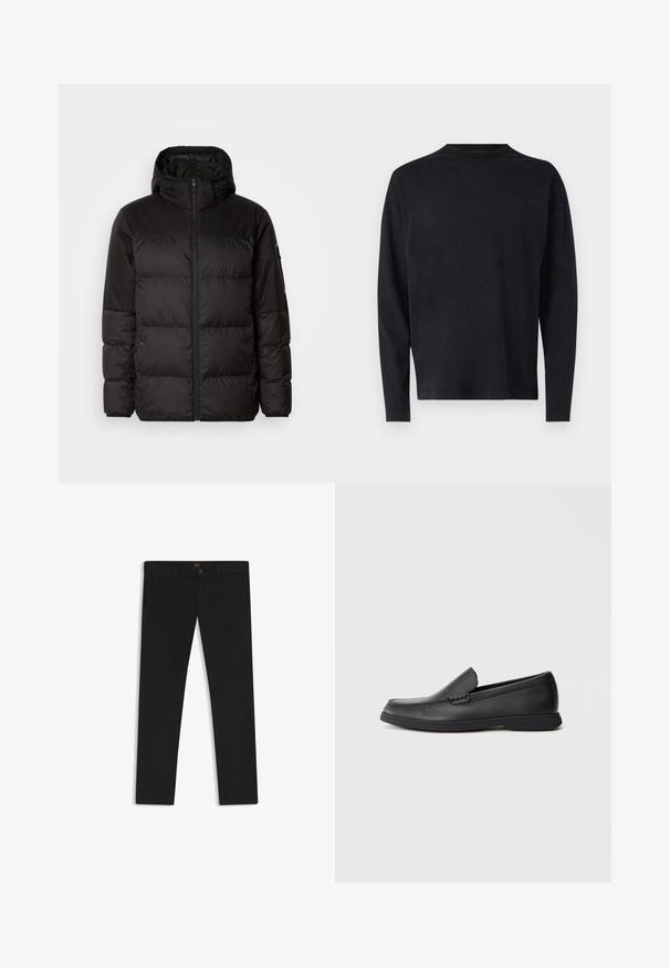 Black puffer jacket features a zip closure, a hood, quilted sections, and elastic cuffs, made from a smooth, water-resistant material.; Black long-sleeve shirt made of soft fabric. Features a crew neckline and dropped shoulders. Smooth texture with no visible patterns.; Black trousers made of fabric with a smooth texture. Features a button closure, belt loops, and side pockets. Standard straight-leg design.; Black leather slip-on loafer with textured upper, rounded toe, low heel, and rubber sole, shown in side profile on white background.