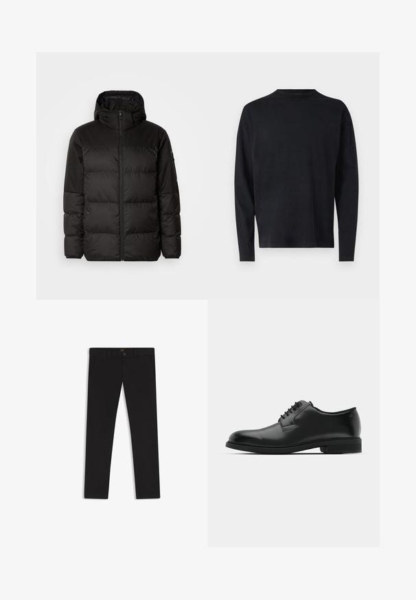 Musta puhvijakku sisältää vetoketjun, hupun, tilkuista koostuvia osioita ja joustavat hihansuut. Se on valmistettu sileästä, vedenpitävästä materiaalista.; Musta pitkähihainen paita pehmeästä kankaasta. Ominaisuuksiin kuuluu pyöreä pääntie ja laskeutuvat olkapäät. Tasainen pinta ilman näkyviä kuvioita.; Mustat housut, jotka on valmistettu sileätekstiilisestä kankaasta. Varustettu nappikiinnityksellä, vyölenkeillä ja sivutaskuilla. Standardi suora lahjemalli.; Musta nahkasaapas, jossa on pyöristetty kärki, litteä kumipohja ja hienovaraiset ompeluyksityiskohdat. Silkkinen pinta ja minimalistinen muotoilu.