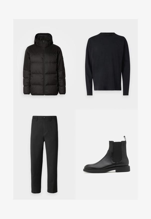 Black puffer jacket features a zip closure, a hood, quilted sections, and elastic cuffs, made from a smooth, water-resistant material.; Black long-sleeve shirt made of soft fabric. Features a crew neckline and dropped shoulders. Smooth texture with no visible patterns.; Black trousers with a straight cut, made from smooth fabric. Features a button closure and belt loops. No visible patterns or accents.; Black leather ankle boot with smooth texture, elastic side panels, and a pull tab. Round toe and flat rubber sole with minimal tread.