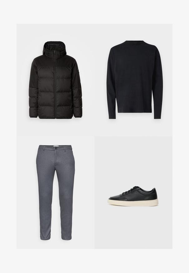 Melna pūkainā jakā iezīmes ir rāvējslēdzēja aizdare, kapuce, kvadrātveida šuves un elastīgas aproces, izgatavota no gludas, ūdensizturīgas vielas.; Melnas garām piedurknēm krekls, kas izgatavots no mīkstas auduma. Iezīmēts ar apaļu kakla izgriezumu un nolaistām plecu līnijām. Gluda tekstūra bez redzamām rakstainēm.; DRYKORN AJEND - Uzvalka bikses - grey; Melnas zemas ādas sporta kurpes ar melnām auklām un off-white zoli, rādītas no sānu profila uz baltā fona.