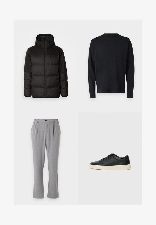 Crna puf jakna ima zatvaranje na zip, kapuljaču, kviltane dijelove i elastične manžete, izrađena je od glatkog, vodootpornog materijala.; Crna košulja dugih rukava izrađena od mekanog materijala. Ima okrugli izrez i spuštena ramena. Glatka tekstura bez vidljivih uzoraka.; Sive hlače od teksturirane tkanine, s kopčanjem na gumb i elastičnim strukom. Ravne nogavice s bočnim nabranjem.; Crne niske kožne tenisice s crnim vezicama i kremasto bijelom potplatom prikazane u bočnom profilu na bijeloj pozadini.
