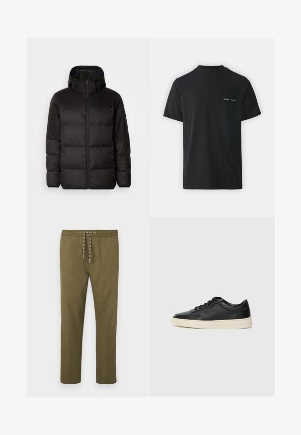 Melna pūkainā jakā iezīmes ir rāvējslēdzēja aizdare, kapuce, kvadrātveida šuves un elastīgas aproces, izgatavota no gludas, ūdensizturīgas vielas.; Melnās kokvilnas T-krekls ar klasisku apaļu kaklu, īsām piedurknēm un diviem maziem baltiem "SAMSØE" logotipiem uz kreisā krūšu.; Olīvu zaļi bikses ar elastīgu jostu un regulējamu auklu. Taisnas kājas dizains; audumam ir gluda, mīksta tekstūra.; Melnas zemas ādas sporta kurpes ar melnām auklām un off-white zoli, rādītas no sānu profila uz baltā fona.