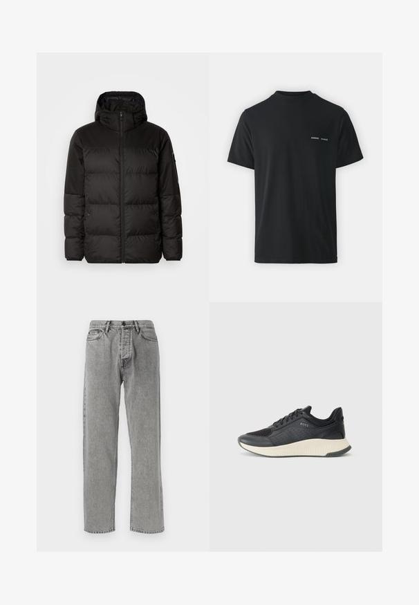 Black puffer jacket features a zip closure, a hood, quilted sections, and elastic cuffs, made from a smooth, water-resistant material.; Black cotton t-shirt with a classic crew neck, short sleeves, and two small white "SAMSØE" logos on the left chest.; Grey denim jeans with a straight-leg design, featuring a classic five-pocket style, visible stitching, and a zip fly with button closure.; Black athletic sneaker featuring a mesh upper with perforations, a textured midsole in cream, and a rubber outsole for traction.