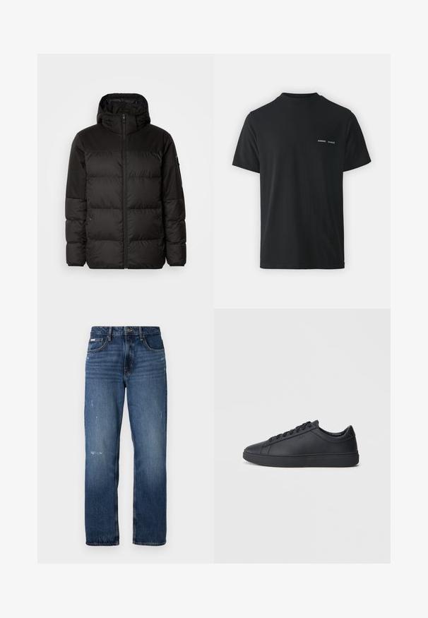 Juodas pūkinis švarkas turi užtrauktuką, gobtuvą, siūlinčius skyrius ir elastinius rankogalius, pagamintas iš lygaus, vandeniui atsparaus medžiagos.; Juodas medvilnės marškinėliai su klasikinėmis apvalios apykaklės, trumpomis rankovėmis ir dviem mažais baltais "SAMSØE" logotipais ant kairiojo krūtinės.; Mėlynos džinsinės kelnės su tiesiu klešnių dizainu. Yra šiek tiek nusidėvėjimo ir šviesių dėmių priekyje, su klasikiniu uždarymu mygtuku.; Juodi sportbačiai, pagaminti iš lygaus odos, su žemu dizainu, apvalia nosimi ir plokščiu guminiu padu. Yra raišteliai ir subtilus ženklinimas.