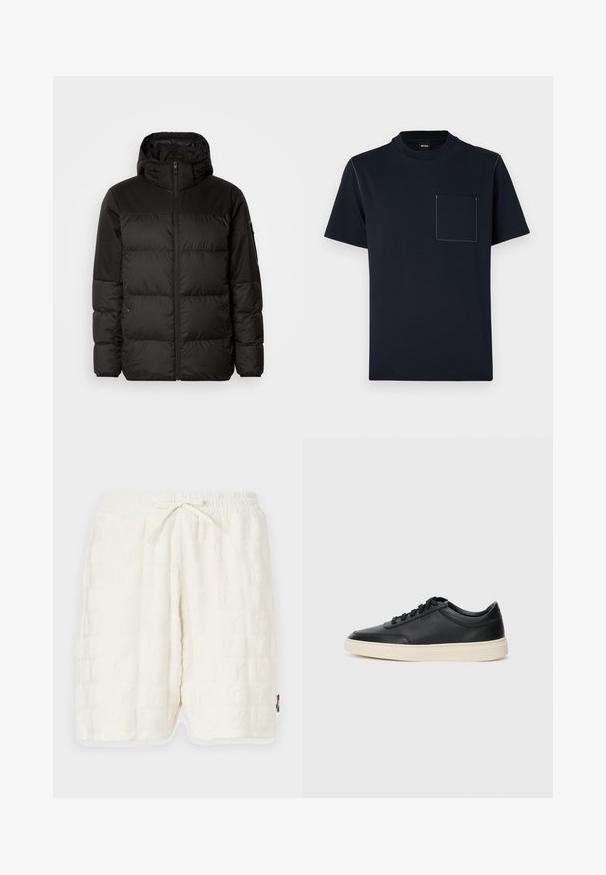 Geacă puffer neagră cu închidere cu fermoar, glugă, secțiuni quilted și manșete elastice, realizată dintr-un material neted, rezistent la apă.; Tricou bleu marin cu mânecă scurtă, fabricat din bumbac, cu guler rotund și un buzunar frontal cu detalii de cusătură albă în contrast.; Shorts albe texturate cu un model în relief. Talie elastică cu un șnur. Buzunare laterale și detalii contrastante la tiv.; Sneaker din piele neagră, cu vârf jos, cu șireturi negre și talpă de un alb murdar, prezentat în profil lateral, pe un fundal alb.