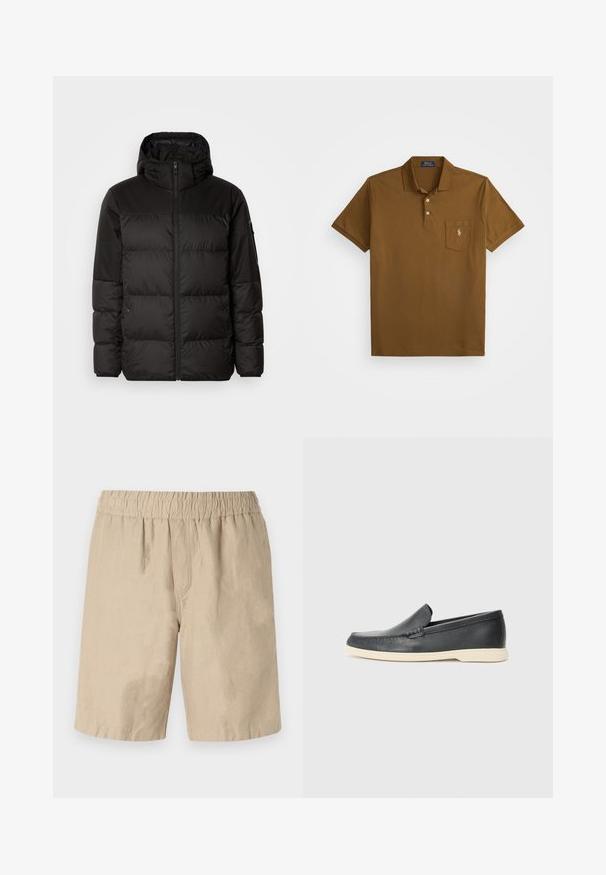 A jaqueta puffer preta apresenta um fecho zip, um capuz, secções acolchoadas e punhos elásticos, confeccionada em um material liso e resistente à água.; Polo shirt castanho feito de algodão, com gola, placket de dois botões e um bolso no peito esquerdo com um logótipo bordado. Mangas curtinhas.; Calções de algodão bege com um cós elástico, apresentando um corte descontraído e uma textura suave. Sem bolsos visíveis ou padrões.; Mocassins pretos em couro com acabamento texturizado e sola de borracha bege em contraste. Apresenta um detalhe subtil na parte da frente.
