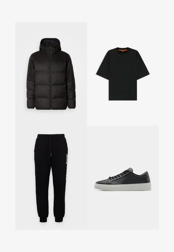 Black puffer jacket features a zip closure, a hood, quilted sections, and elastic cuffs, made from a smooth, water-resistant material.; Black crew neck t-shirt made of smooth fabric, features short sleeves and subtle orange inner neckline detail. Boxy, relaxed shape.; Black sweatpants made of soft fabric, featuring an elastic waistband with a drawstring, tapered legs, and a logo along the side.; Black leather sneaker with a smooth texture, round toe, and black laces. Features a thick, white rubber sole with subtle geometric accents.