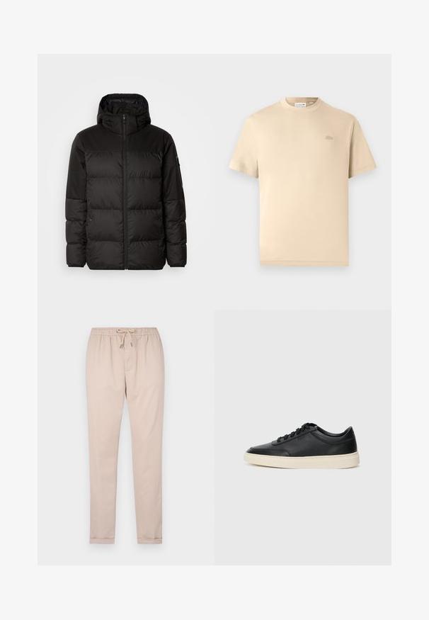 A fekete steppelt dzseki cipzáros záródással, kapucnival, steppelt részekkel és rugalmas mandzsettákkal rendelkezik, sima, vízálló anyagból készült.; Lacoste Basic póló - viennese; Világos bézs színű, puha anyagból készült nadrág, rugalmas derékkal és húzózsinórral, szűkülő lábakkal és felhajtott szegélyekkel.; Fekete, alacsony szárú bőrsneaker fekete fűzőkkel és törtfehér talppal, oldalnézetben, fehér háttér előtt.