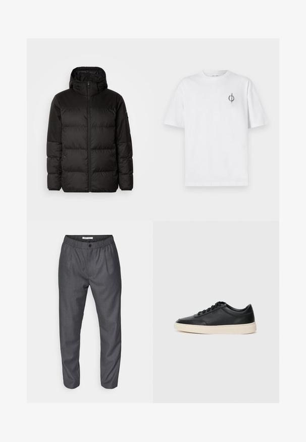 A fekete steppelt dzseki cipzáros záródással, kapucnival, steppelt részekkel és rugalmas mandzsettákkal rendelkezik, sima, vízálló anyagból készült.; Fehér pamut póló laza szabással, kis fekete grafikai logóval a bal mellen. Rövid ujjak, kerek nyakkivágás.; Szürke nadrág textúrált anyagból, szűkített fazonban, elasztikus derékkal és gombos záródással. Ráncokkal rendelkezik a részletek fokozása érdekében.; Fekete, alacsony szárú bőrsneaker fekete fűzőkkel és törtfehér talppal, oldalnézetben, fehér háttér előtt.
