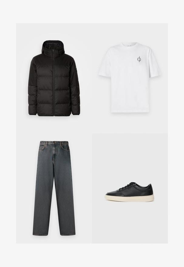 Black puffer jacket features a zip closure, a hood, quilted sections, and elastic cuffs, made from a smooth, water-resistant material.; White cotton t-shirt with a relaxed fit, featuring a small black graphic logo on the left chest area. Short sleeves, crew neck style.; Dark gray denim jeans with a straight-leg design, five pockets, and a button-and-zip fly. The fabric features subtle fading and stitching.; Black low-top leather sneaker with black laces and off-white sole shown in side profile on white background.