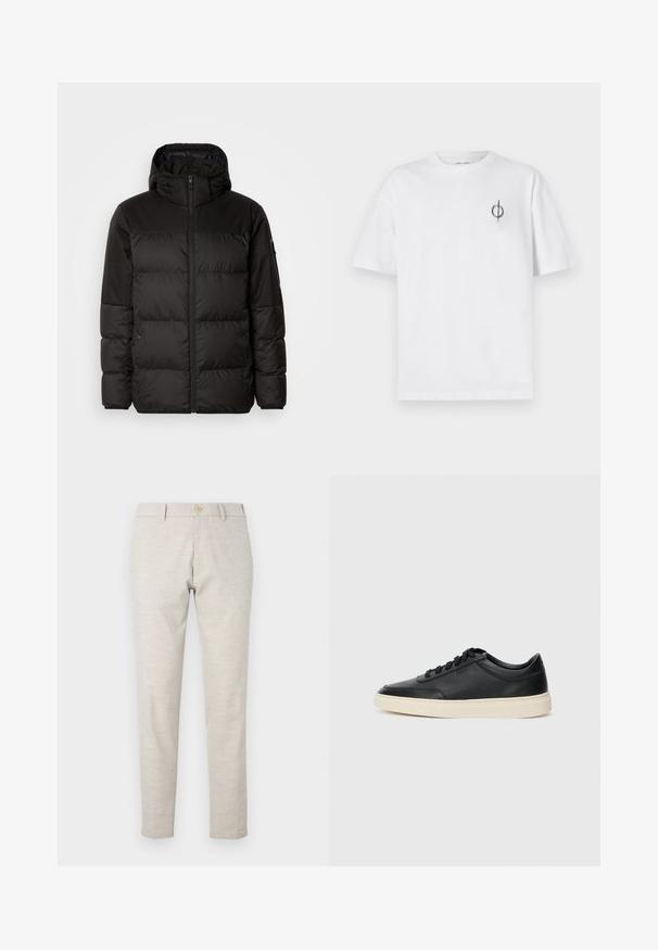 Mustikas puffer-jakk sisaldab tõmblukku, kapuutsi, tikandiga osi ja elastseid mansette, valmistatud siledast veekindlast materjalist.; Valge puuvillane t-särk lõdva sobivusega, millel on vasakul rinnal väike must graafiline logo. Lühikesed varrukad, ümmargune kaelus.; Heledad helebežid püksid sirge lõikega, valmistatud kerge materjali. Omavad ühte nupuluku ja lihtsaid õmblusdetailide.; Mustad musta nahast madal sneaker mustade nööpidega ja kreemivalge tallaga, nähtud külgprofiilis valge tausta ees.