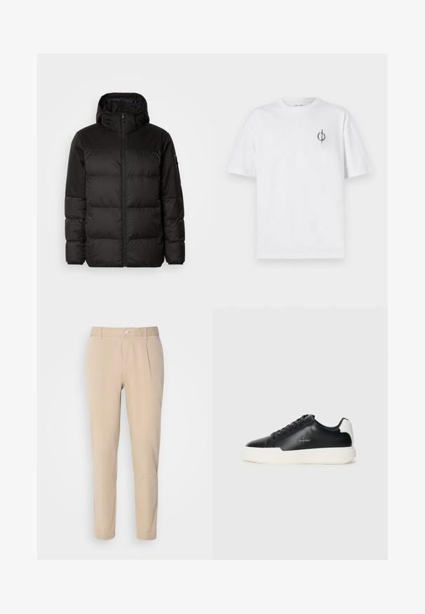 Črna zimska jakna ima zadrgo, kapuco, prešite odseke in elastične manšete, izdelana je iz gladkega, vodoodpornega materiala.; Bela bombažna majica s sproščenim krojem, ki ima majhen črn grafični logotip na levem prsnem delu. Kratke rokave, okrogel izrez.; Bež hlače v slim fit kroju, narejene iz tkanega materiala. Imajo enojni gumb za zapiranje, nabran sprednji del in ravne hlačnice.; Črne usnjene športne copate z belim gumijastim podplatom. Imajo okroglo konico, vezalko ter logotip na strani. Zadnji del je poudarjen v beli barvi.