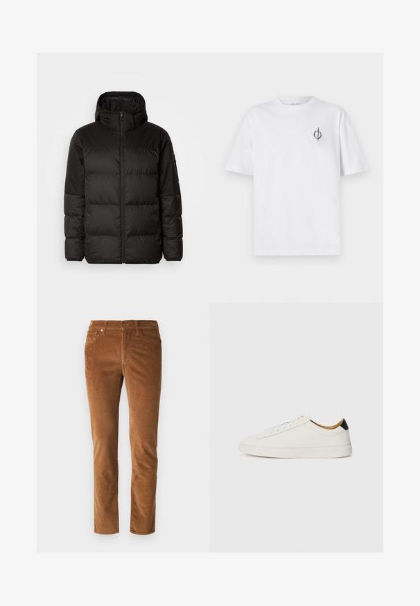 Black puffer jacket features a zip closure, a hood, quilted sections, and elastic cuffs, made from a smooth, water-resistant material.; White cotton t-shirt with a relaxed fit, featuring a small black graphic logo on the left chest area. Short sleeves, crew neck style.; Brown corduroy trousers with a straight cut, featuring a zip fly, button closure, and two front pockets. Textured fabric with vertical ribs.; White sneaker with a smooth leather upper, round toe, and flat sole. Black accent at the heel, featuring tonal laces and minimal branding.