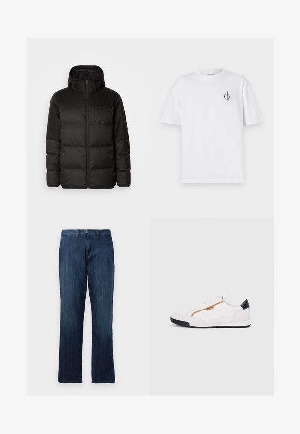 Čierna prešívaná bunda má zips, kapucňu, prešívané sekcie a elastické manžety, vyrobená z hladkého, vodeodolného materiálu.; Biela bavlnená tričko s voľným strihom, s malým čiernym grafickým logom na ľavej strane hrudníka. Krátke rukávy, okrúhly výstrih.; Tmavomodré džínsy s rovnými nohavicami, majúce predné zapínanie na gombík a štandardný štýl s piatimi vreckami. Hladká textúra a stredná hmotnosť.; Biele športové topánky s akcentmi z korku a kože. Obsahujú zlaté logo "BOSS", textúrované bočné panely a čierny pätník. Gumová podrážka.