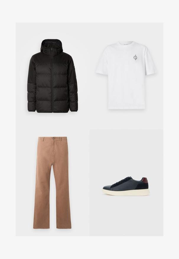 Crna puf jakna ima zatvaranje na zip, kapuljaču, kviltane dijelove i elastične manžete, izrađena je od glatkog, vodootpornog materijala.; Bijela pamučna majica s opuštenim krojem, s malim crnim grafičkim logotipom na lijevoj prečki. Kratki rukavi, okrugli izrez.; Smeđe hlače ravnog kroja izrađene od pamuka. Imaju zatvaranje na dugme, prednje džepove i vidljivo šivanje duž šavova.; Niske muške tenisice od crne kože i antilopa s bordo petnom oznakom i bijelim gumenim potplatom, prikazane s vanjske strane.