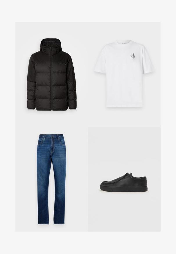A fekete steppelt dzseki cipzáros záródással, kapucnival, steppelt részekkel és rugalmas mandzsettákkal rendelkezik, sima, vízálló anyagból készült.; Fehér pamut póló laza szabással, kis fekete grafikai logóval a bal mellen. Rövid ujjak, kerek nyakkivágás.; Kék egyenes szabású farmerruha, öt zsebbel, övpántokkal és gombos záródással, egyszínű fehér háttéren bemutatva.; Fekete bőr slip-on cipő lekerekített orral, varrott részletekkel és fekete gumitalppal. Simaság és minimalista dizájn jellemzi.