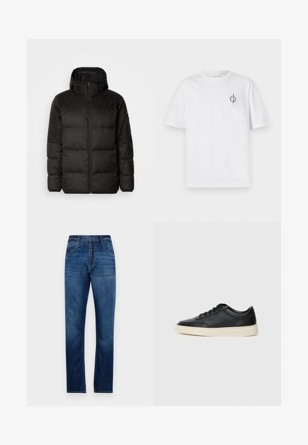 Geacă puffer neagră cu închidere cu fermoar, glugă, secțiuni quilted și manșete elastice, realizată dintr-un material neted, rezistent la apă.; Tricou alb din bumbac cu o croială lejeră, având un mic logo grafic negru în zona stângă a pieptului. Mâneci scurte, stil guler rotund.; Jeansi din denim drepți, de culoare albastră, cu cinci buzunare, bucle pentru curea și închidere cu nasture, expuși pe un fundal alb simplu.; Sneaker din piele neagră, cu vârf jos, cu șireturi negre și talpă de un alb murdar, prezentat în profil lateral, pe un fundal alb.