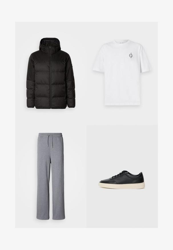 Black puffer jacket features a zip closure, a hood, quilted sections, and elastic cuffs, made from a smooth, water-resistant material.; White cotton t-shirt with a relaxed fit, featuring a small black graphic logo on the left chest area. Short sleeves, crew neck style.; Gray, wide-leg sweatpants made of soft material; features an elastic waistband with a drawstring and no pockets. Simple, unembellished design.; Black low-top leather sneaker with black laces and off-white sole shown in side profile on white background.