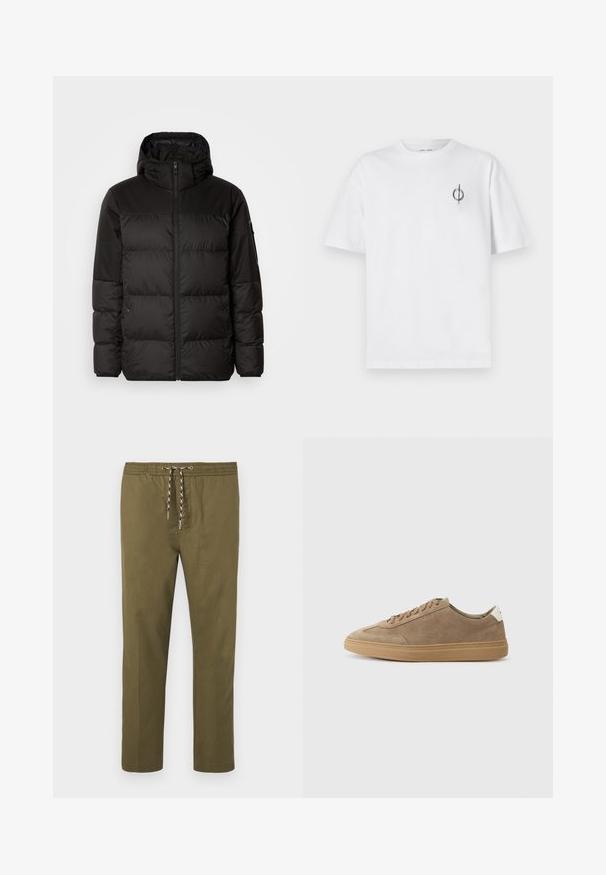 Black puffer jacket features a zip closure, a hood, quilted sections, and elastic cuffs, made from a smooth, water-resistant material.; White cotton t-shirt with a relaxed fit, featuring a small black graphic logo on the left chest area. Short sleeves, crew neck style.; Olive green pants with an elastic waistband and adjustable drawstring. Straight leg design; fabric has a smooth, soft texture.; Suede sneakers in light brown with a rubber sole. Features lace-up design and a minimalistic style, accented by a white heel tab.