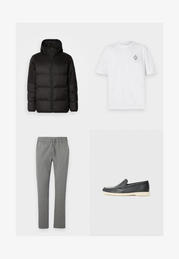 Črna zimska jakna ima zadrgo, kapuco, prešite odseke in elastične manšete, izdelana je iz gladkega, vodoodpornega materiala.; Bela bombažna majica s sproščenim krojem, ki ima majhen črn grafični logotip na levem prsnem delu. Kratke rokave, okrogel izrez.; Sive, oblikovane hlače iz teksturirane tkanine. Imajo elastični pas z vrvico, brez žepov in gladko površino.; Črne usnjene natikače z teksturiranim zaključkom in kontrastno bež gumo na podplatu. Imajo subtilen naglas vzdolž sprednje strani.