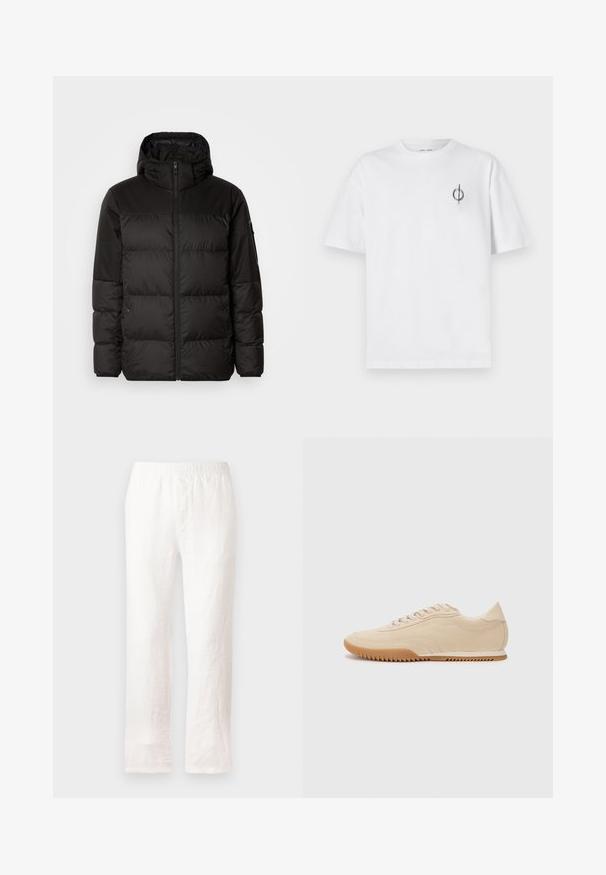 Melna pūkainā jakā iezīmes ir rāvējslēdzēja aizdare, kapuce, kvadrātveida šuves un elastīgas aproces, izgatavota no gludas, ūdensizturīgas vielas.; Bāla kokvilnas t-kreklu ar brīvu piegulšanu, kuram uz kreisā krūšu apvidus ir neliels melns grafiskais logotips. Īsas piedurknes, apaļas kakla izgriezums.; Baltas lina bikses ar elastīgu jostu, taisnas kājas dizains un mazliet teksturēta auduma. Nav rakstiem vai papildu detaļām.; Bežā zamša kedas ar plūstošu dizainu, kurām ir strukturēta virsma, noapaļota purngalu un gumijas zole ar zigzaga rakstu.