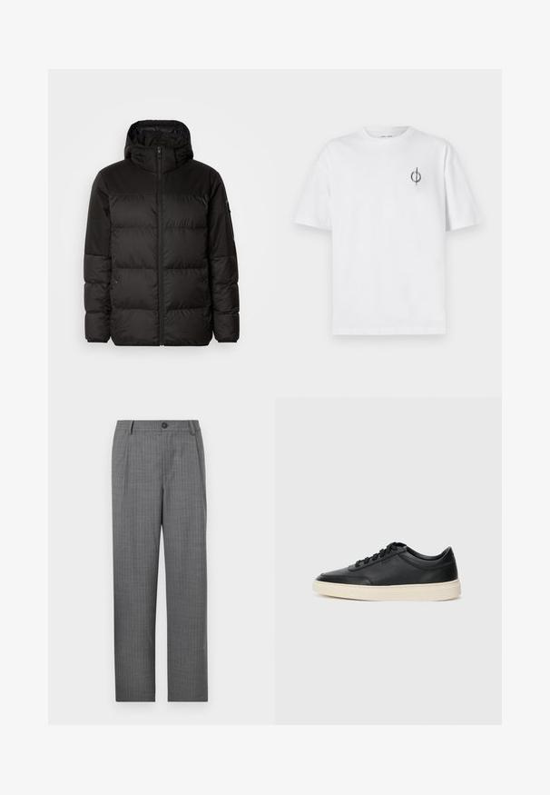 Melna pūkainā jakā iezīmes ir rāvējslēdzēja aizdare, kapuce, kvadrātveida šuves un elastīgas aproces, izgatavota no gludas, ūdensizturīgas vielas.; Bāla kokvilnas t-kreklu ar brīvu piegulšanu, kuram uz kreisā krūšu apvidus ir neliels melns grafiskais logotips. Īsas piedurknes, apaļas kakla izgriezums.; Pelēkas piegriezuma bikses ar smalku svītru rakstu, priekšējo pogu aizdari un taisnu kāju dizainu. Redzamās kabatas nav.; Melnas zemas ādas sporta kurpes ar melnām auklām un off-white zoli, rādītas no sānu profila uz baltā fona.