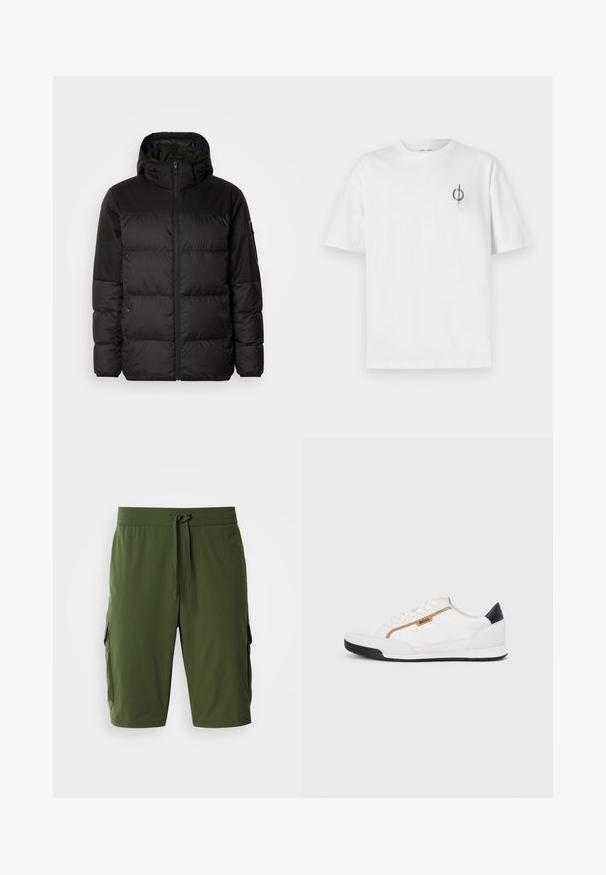 Melna pūkainā jakā iezīmes ir rāvējslēdzēja aizdare, kapuce, kvadrātveida šuves un elastīgas aproces, izgatavota no gludas, ūdensizturīgas vielas.; Bāla kokvilnas t-kreklu ar brīvu piegulšanu, kuram uz kreisā krūšu apvidus ir neliels melns grafiskais logotips. Īsas piedurknes, apaļas kakla izgriezums.; Olīvzaļi kravas šorti ar elastīgu jostasvīru, regulējamu šņorēšanu un sānu kabatām uzglabāšanai. Gluda auduma, līdz ceļiem garš piegriezums.; Baltijas krāsā baltas sporta kurpes ar acu un ādas akcentiem. Iezīmējas ar zelta "BOSS" logo, teksturētām sānu paneļiem un melnu papēža kapu. Gumijas zole.