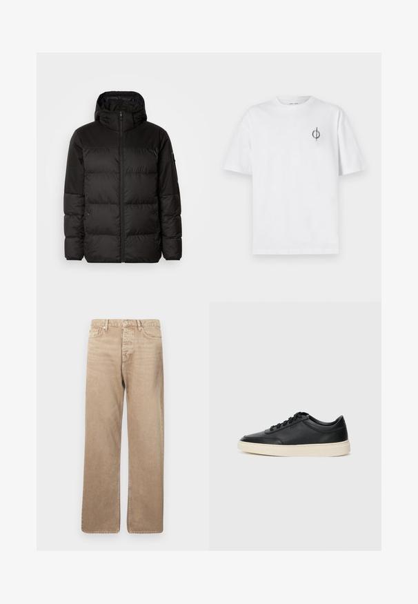 La chaqueta acolchada negra tiene un cierre de cremallera, capucha, secciones acolchadas y puños elásticos, hecha de un material suave y resistente al agua.; Camiseta de algodón blanca con un corte relajado, con un pequeño logotipo gráfico negro en el área del pecho izquierdo. Mangas cortas, estilo cuello redondo.; Vaqueros de denim beige con corte recto, que cuentan con cinco bolsillos, cierre de botón y costuras en contraste. Textura suave y mínimo desgaste.; Zapatilla negra de piel de caña baja con cordones negros y suela color crema, mostrada en perfil lateral sobre fondo blanco.