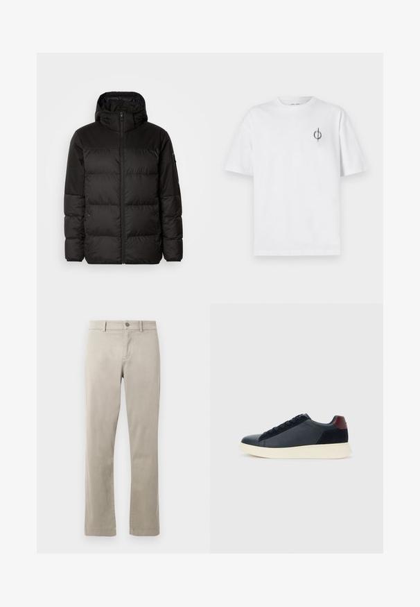 Melna pūkainā jakā iezīmes ir rāvējslēdzēja aizdare, kapuce, kvadrātveida šuves un elastīgas aproces, izgatavota no gludas, ūdensizturīgas vielas.; Bāla kokvilnas t-kreklu ar brīvu piegulšanu, kuram uz kreisā krūšu apvidus ir neliels melns grafiskais logotips. Īsas piedurknes, apaļas kakla izgriezums.; Bežīgas kokvilnas chinos bikses ar taisnu kāju dizainu, kas aprīkotas ar pogu aizdari un priekšējiem kabatām. Gluda tekstūra ar smalkiem šuvju izšuvumiem.; Zemāko vīriešu sporta apavu modelis melnā ādas un zamša apdarē ar bordo krāsas papēža cilpu un baltu gumijas zoli, skatoties no ārējās puses.