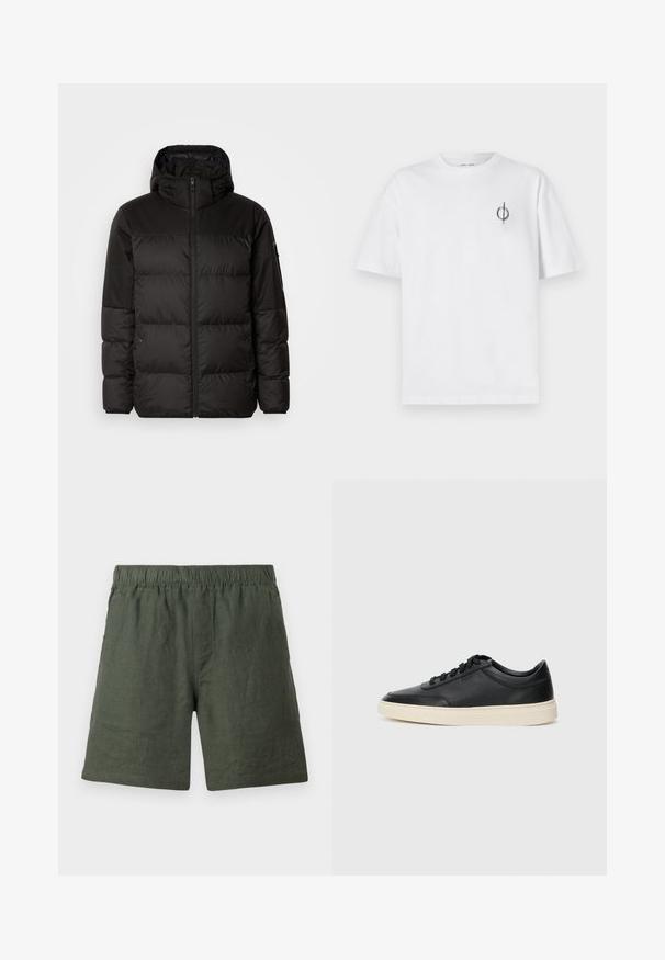 Črna zimska jakna ima zadrgo, kapuco, prešite odseke in elastične manšete, izdelana je iz gladkega, vodoodpornega materiala.; Bela bombažna majica s sproščenim krojem, ki ima majhen črn grafični logotip na levem prsnem delu. Kratke rokave, okrogel izrez.; Zelene lanene kratke hlače z elastičnim pasom, ravne noge in gladko teksturo, ki imajo preprosto šivanje brez dodatnih okraskov.; Črne nizke usnjene teniske s črnimi vezalkami in svetlo belo podplatom, prikazane v stranskem profilu na beli podlagi.