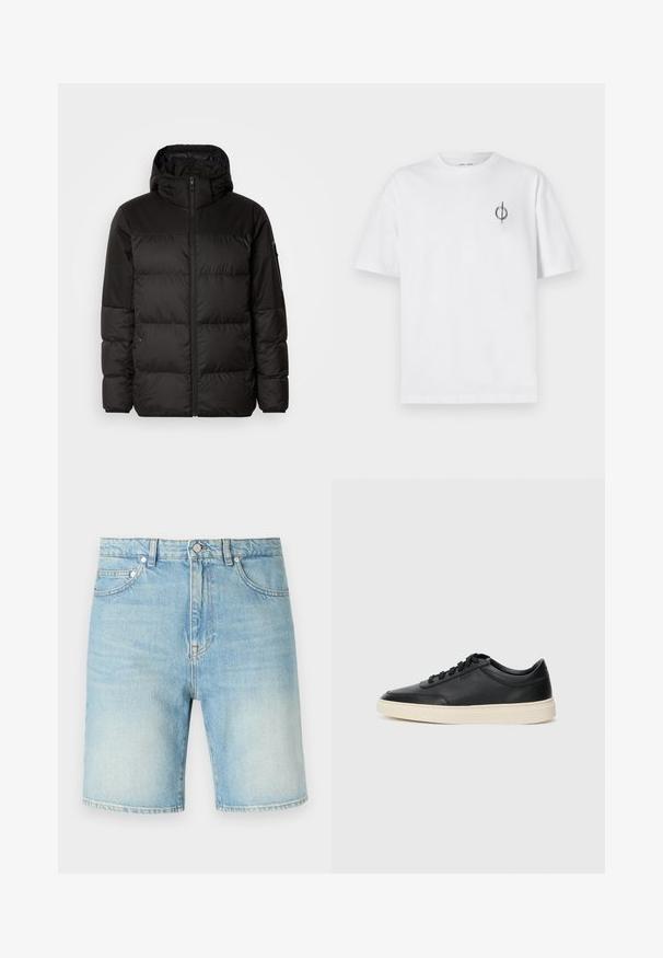 Juodas pūkinis švarkas turi užtrauktuką, gobtuvą, siūlinčius skyrius ir elastinius rankogalius, pagamintas iš lygaus, vandeniui atsparaus medžiagos.; Balta medvilninė marškinė su laisvu siluetu, su mažą juodą grafiką logotipą kairėje krūtinės pusėje. Trumpomis rankovėmis, apvaliu kaklu.; Šviesiai mėlyni džinsiniai šortai su klasikinio penkių kišenių dizainu, sagties uždarymu ir šiek tiek nusidėvėjusia audinio tekstūra.; Juoda žema viršutinė odinė sportbačiai su juodais raišteliais ir kreminiu padu, pateikti šoniniame profilyje ant baltos fono.